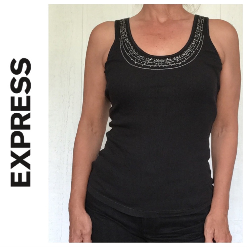EXPRESS BLACK EMBELLISHED RIB KNIT TANK ME…